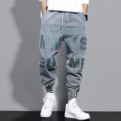 New Letter Print Jeans Men's Tide Loose Cartoon Graffiti Skinny Pants Ins Drawstring Pants Jogger Cargo Pants