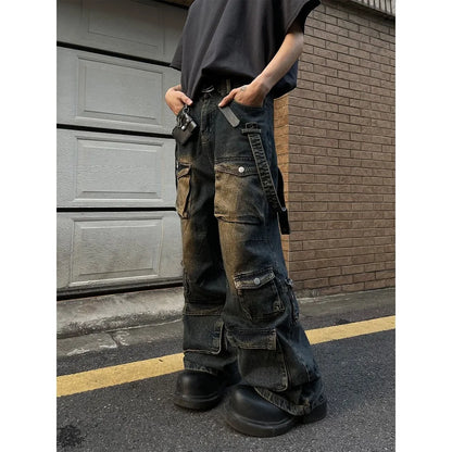 saferido 2024 American Retro Yellow Mud Color Multi-pocket Cargo Jeans Men's and Women's Loose Straight Leg Hip Hop Pants Baggy Jeans