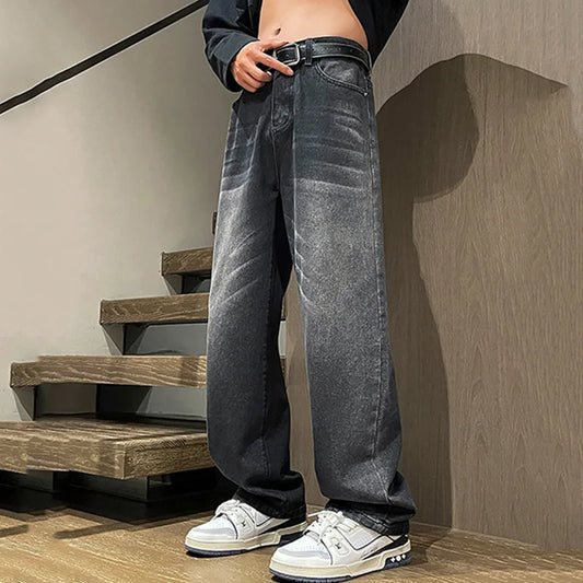 Summer Male High Street Gothic streetwear Gray Denim Pants Men Y2k 2000s Style Vintage Baggy Jeans Wide Leg Straight Trouser