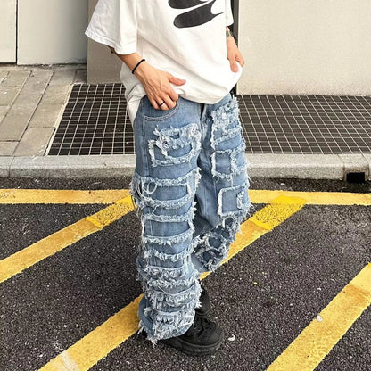 saferido Individualized patch jeans men  American high street hip-hop fried street beggar pants blue loose small crowd mopping