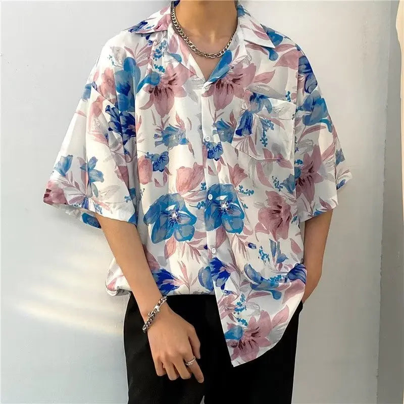 Hawaiian Shirts Men Advanced Breathable Trendy Summer Half Sleeve Floral High Street Pocket Korean Style Male Hipster Handsome