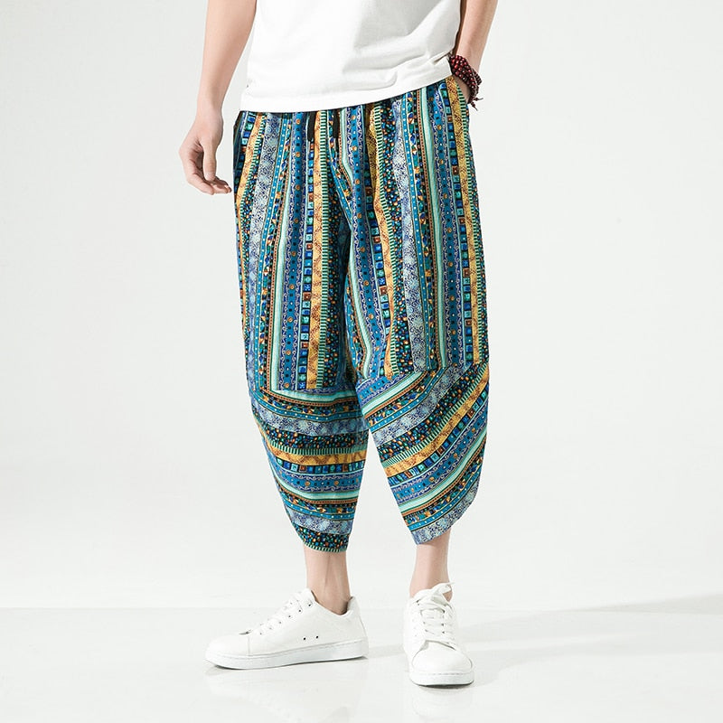 Summer Harajuku Calf Length Casual Men's Pants Wide Leg Cotton Linen Printing Harem Baggy Pants Fashion Men's Clothing