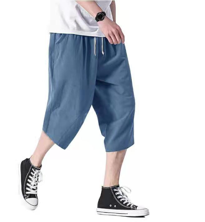 HOUZHOU Cotton Linens Pants for Men Oversize Harem Cropped Trousers Male Summer Casual Beach Japanese Streetwear Hip Hop