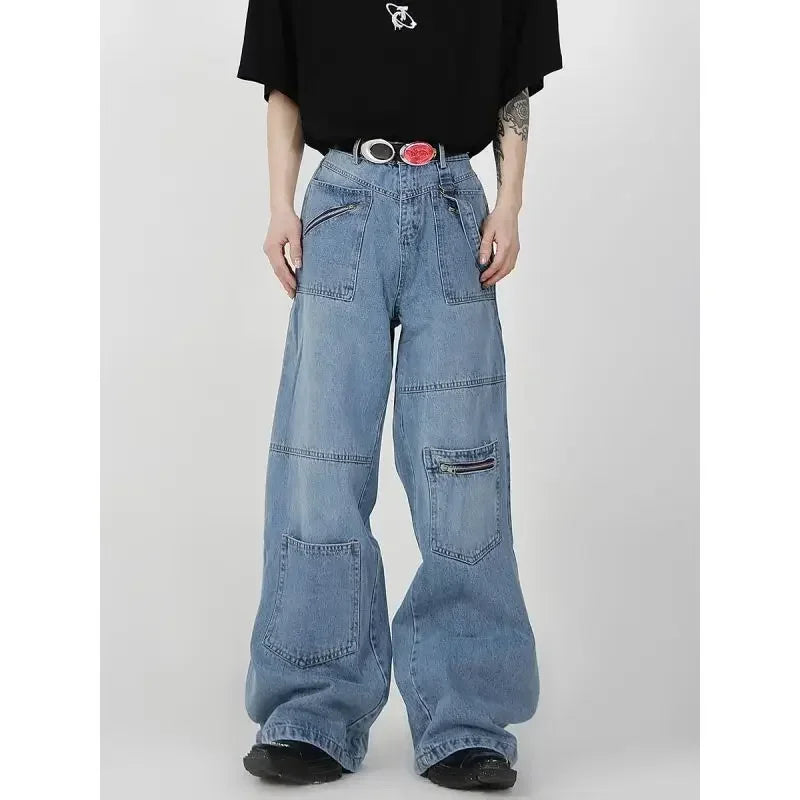 saferido Baggy Cargo Jeans Men Denim Wide Leg Trousers Male Oversize Casual Streetwear Hip Hop Pocket Zipper Safari Style