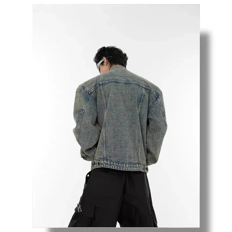 Mens Denim Jacket Zippered Metal Design Distressed Washed Short Jeans Jacket Vintage Trendy Spliced Male Outerwear New