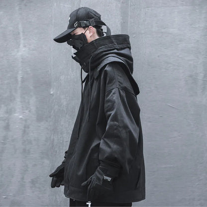 saferido Men's Harajuku Oversize High Hip-hop Multifunctional Street Style Cloak Hooded Jacket Loose Functional Zipper Jacket