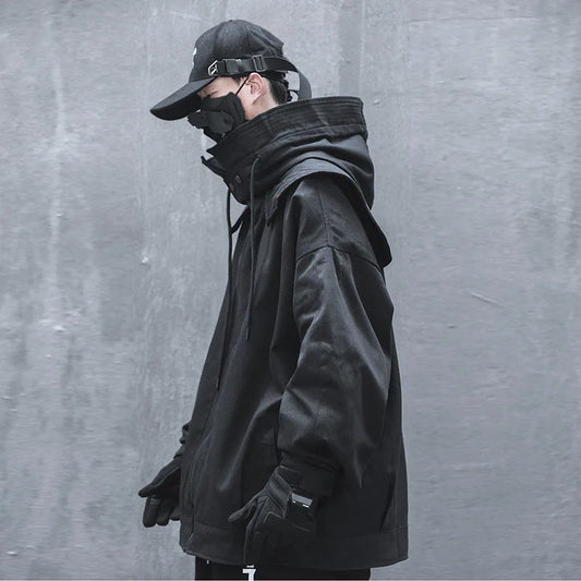 saferido Men's Harajuku Oversize High Hip-hop Multifunctional Street Style Cloak Hooded Jacket Loose Functional Zipper Jacket