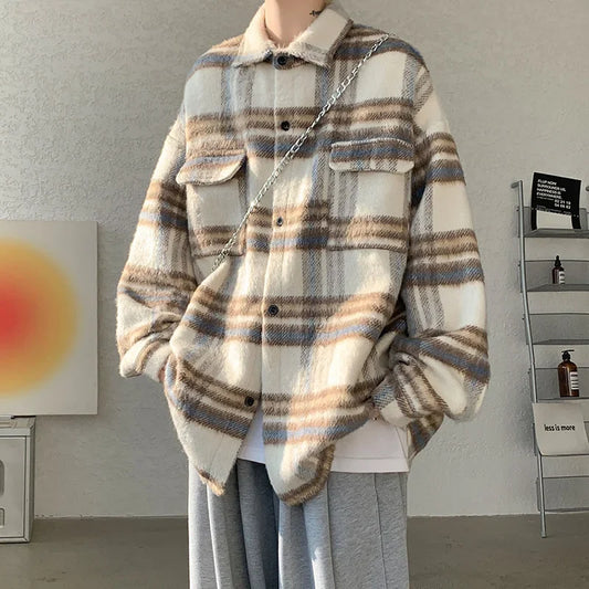 saferido Plaid Woolen Coat Men Warm Fashion Retro Thicken Woolen Jacket Men Streetwear Korean Loose Short Woolen Coat Mens Thick Jackets