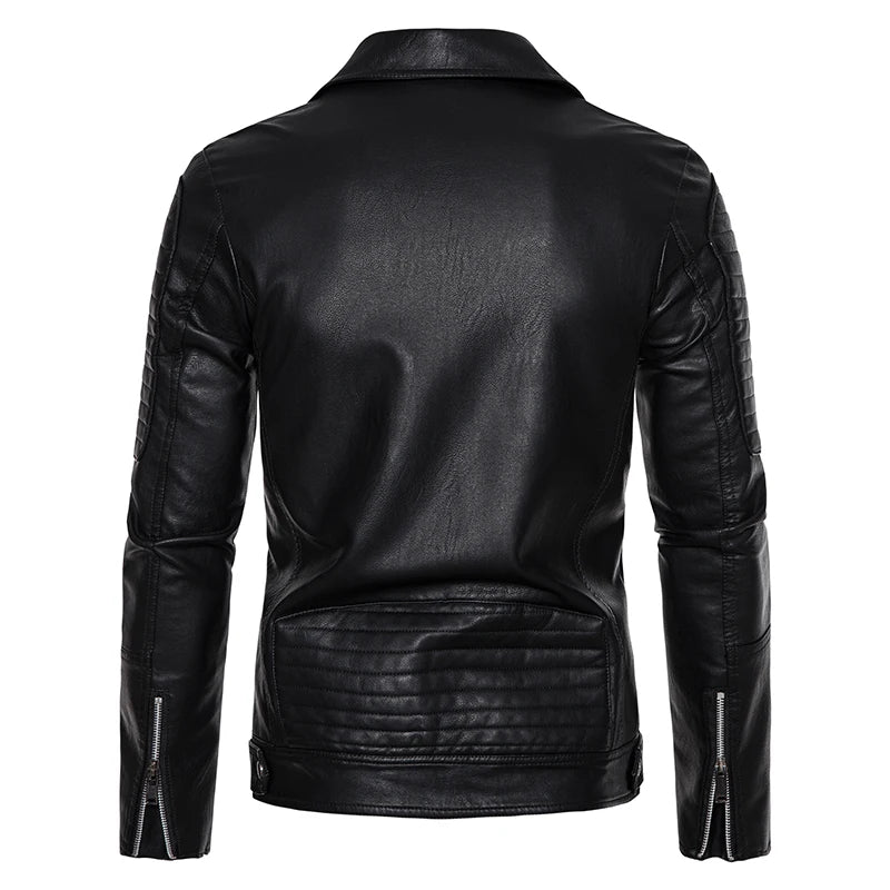 Mens Leather Jackets Solid Turn Down Collar Casual Slim Fit Motorcycle Pu Leather Jacket Men Multiple Pockets Zipper Coat