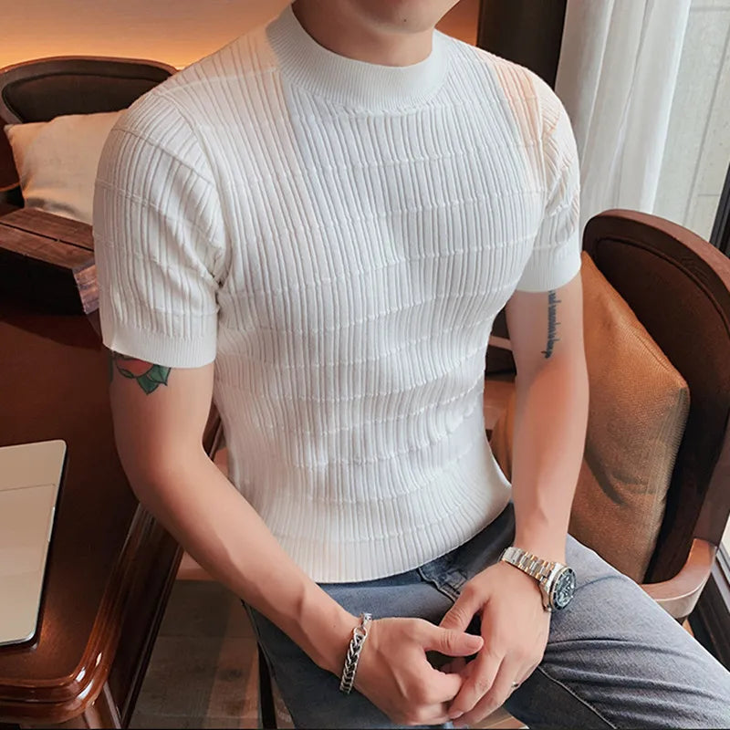 saferido  Clothing Men Spring High Quality Short Sleeve Knit Sweater/Male Summer High Collar Knit T-Shirts Plus Size S-3XL