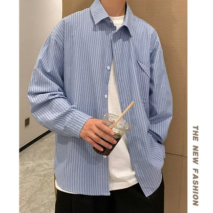 saferido 2024 Striped Long Sleeve Shirt Oversized Mens Large Spring Summer Loose Casual Man Shirts Clothes Fashion Harajuku Chest Pocket