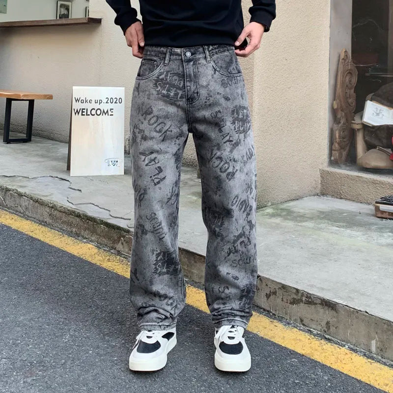 saferido High Quality New Grey Jeans Men Graphic Printed Y2k Denim Trousers Hip Pop Rock Straight Fit Male's Pants