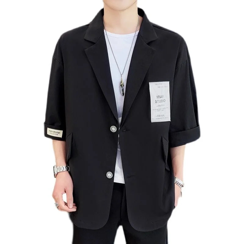 saferido Three-quarter Sleeve Blazers Loose Casual Suit Summer Oversize Patch Design Solid Jackets Classic Simple Trend  Male Clothes