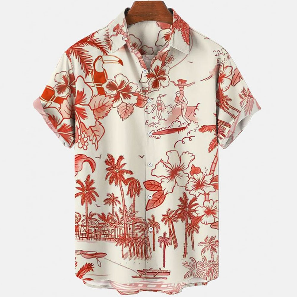 Hawaiian Men Flower Shirt Clothes Loose Breathable Summer Street Casual Chic Turn-down Collar Short Sleeve Tops 5xl