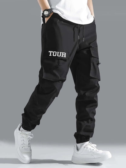 Men Flap Pocket Side Drawstring Waist Cargo Pants