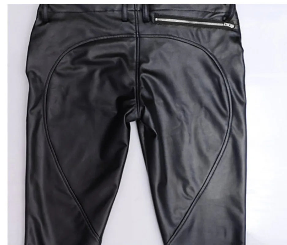 saferido New double zipper open pants men's PU leather pants Korean version personality raised silhouette tight motorcycle pants