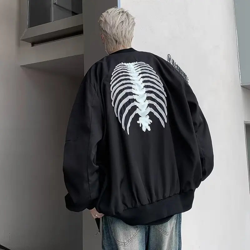 saferido American High Street Hiphop Skeleton Embroidered Baseball Coat Men's Autumn Fashion Brand Dark Black Pilot Jacket fall