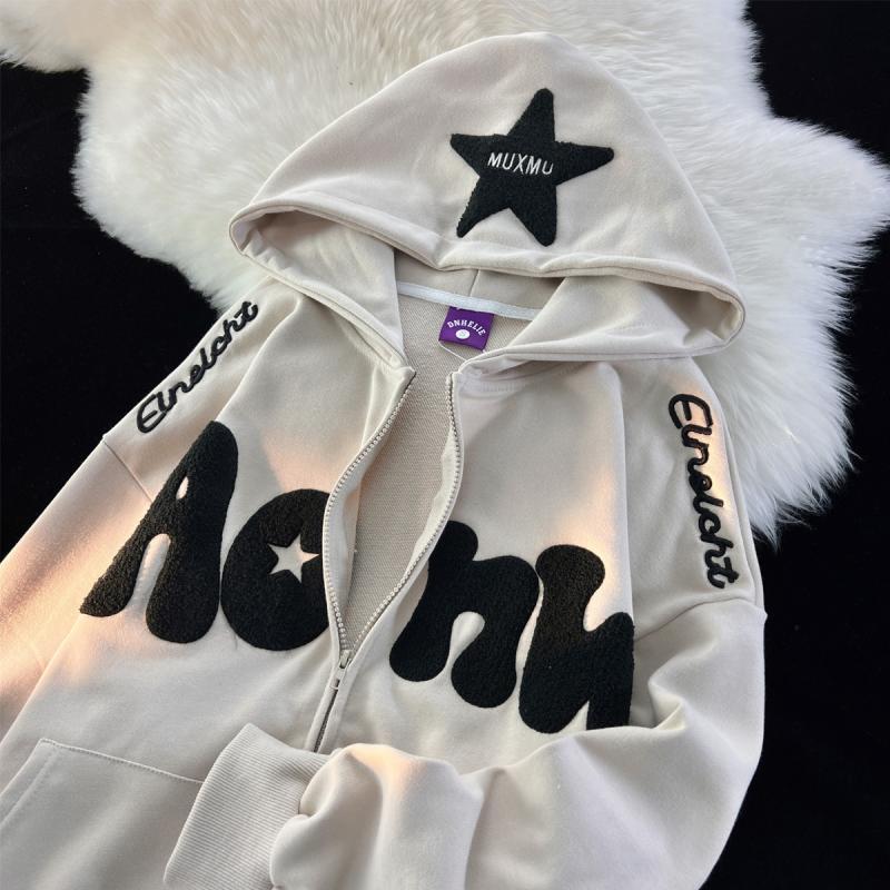 Y2K zip up hoodie Harajuku American-style retro High Street Embroidery stars Zipper hoodie women loose lazy style chic coat top