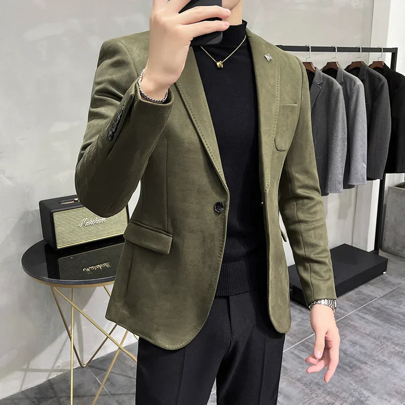 saferido  High Quality Blazer Men's British Trend Premium Simple Business Elegant Fashion Casual Gentleman Slim Suit Deer Velv Jacket