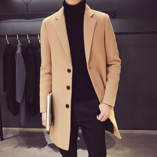 Men Long Cotton Coat Autumn Winter New Wool Blend Pure Color Casual Business Fashion Slim Windbreaker Jacket Men Clothing