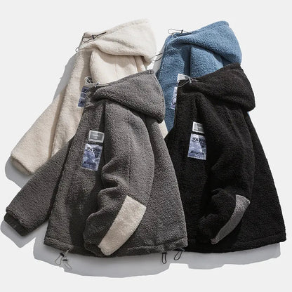 Men Winter Fleece Jacket Lamb Wool Hooded Coat Mens Thick Warm Coat Loose Japanese Streetwear Casual Harajuku Zippered Jacket