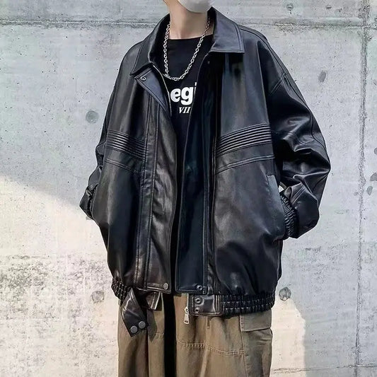 saferido Oversized VIntage Men's Leather Jackets PU Biker Coat Autumn Faux Leather Bomber Jacket 90s Big Pockets Windbreaker Overcoat