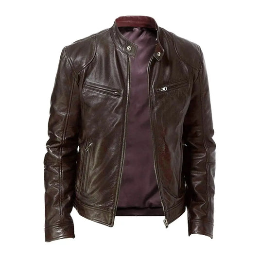 Spring Men's Stand-Up Collar Slim Leather Jacket Brown Black Zipper Pocket Decorative Pu Coat Biker Men Clothes Casual Male