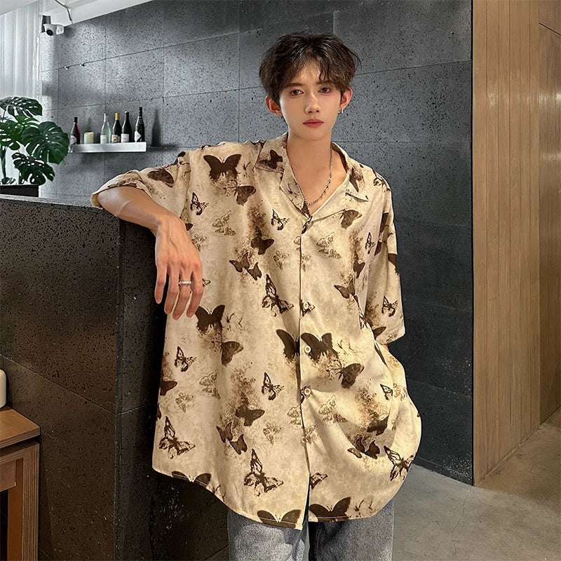 saferido Summer Butterfly Printed Tie-dye Shirt Men Windsor Collar Loose Casual Short Sleeve Shirts Oversize Streetwear Boy Girl Blouses