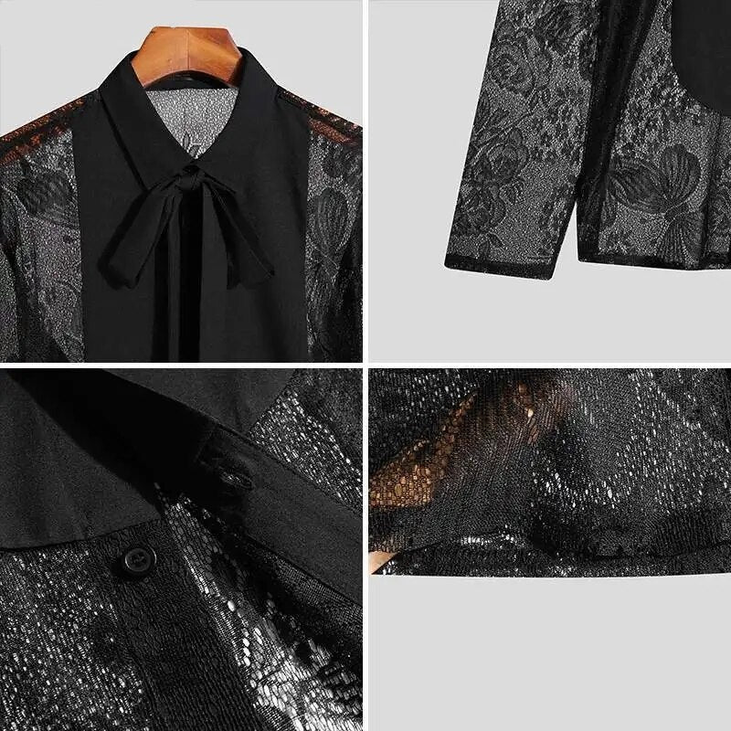 Tops American Style New Men Fashion Solid Ribbon Blouse Male Stitching Butterfly Lace Long Sleeve Thin Shirts S-5XL