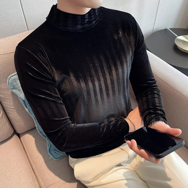 saferido  Brand Clothing Men Spring High Quality Slim Long Sleeve T-shirt/Male High Collar Warm Striped Bottom Shirt Fashion T-shirts