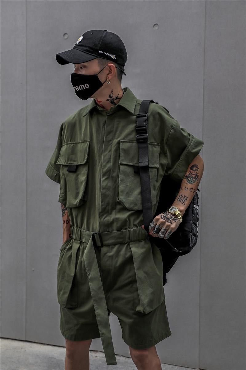 Short Jumpsuit for Men Black Bodysuits Overalls Men Green Male Japanese Streetwear Summer Pockets Hip Hop