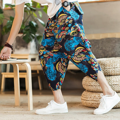 Summer Harajuku Calf Length Casual Men's Pants Wide Leg Cotton Linen Printing Harem Baggy Pants Fashion Men's Clothing