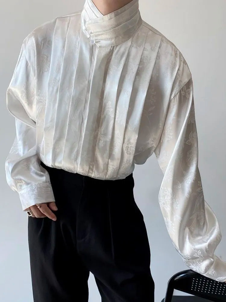 Pleated Stand Collar Jacquard Satin Trend Men's Shirt Long Sleeved Fashionable Autumn Male Tops Solid Color