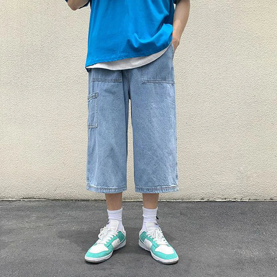 saferido New Summer Fashion Straight Leg Jeans For Men's Korean Light Blue Slim Fit Loose Luxury Brand Design Casual Wide Leg Shorts