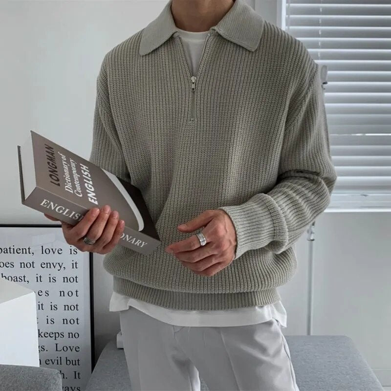 Lapel Sweater Autumn Winter Men Warm Fashion Casual Knit Pullover Loose Zipper Long Sleeve Sweater Male Jumper Clothes