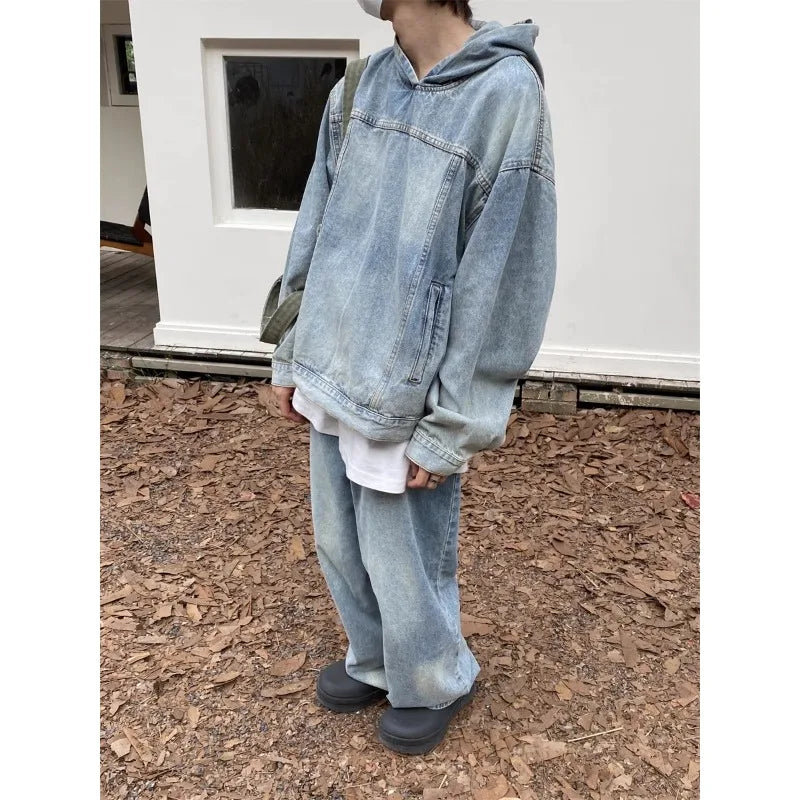 Japanese Vintage Men Denim Hooded Jacket Sweatshirts Streetwear Casual Y2k Tops Loose Washed Hoodies Harajuku Pullovers