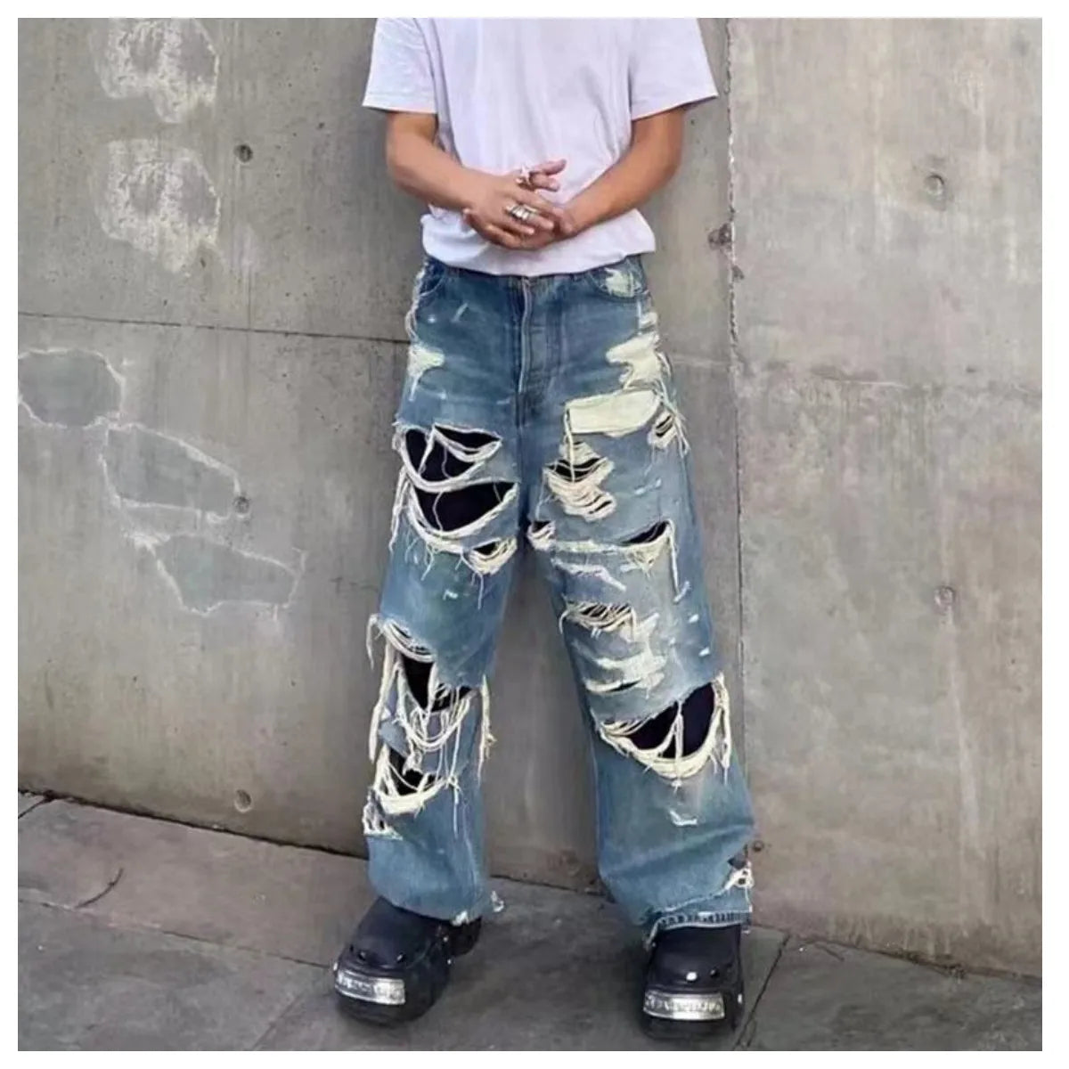 saferido American Style Streetwear Washed Torn Jeans For Men And Women's Street Hip-Hop Loose Wide Leg Straight Leg Pants Fashion Style