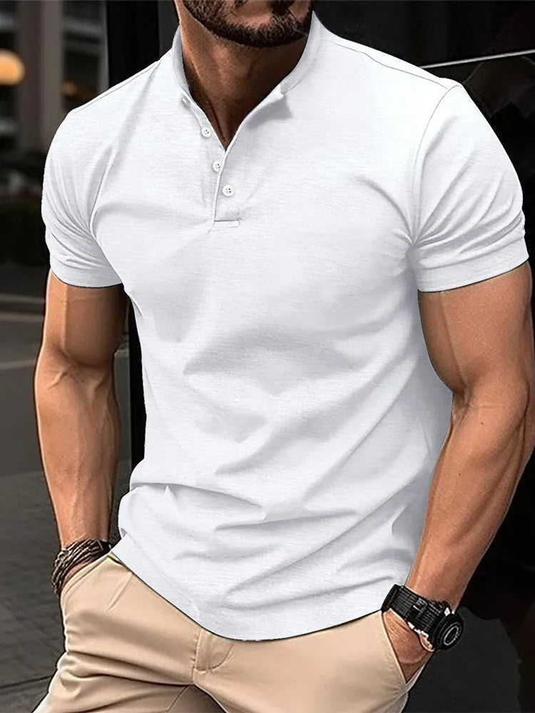 Solid Stand Collar Short Sleeve Men's Shirts Fashion Handsome Business Shirt Men Clothing Summer Casual Button Fit Gym Male