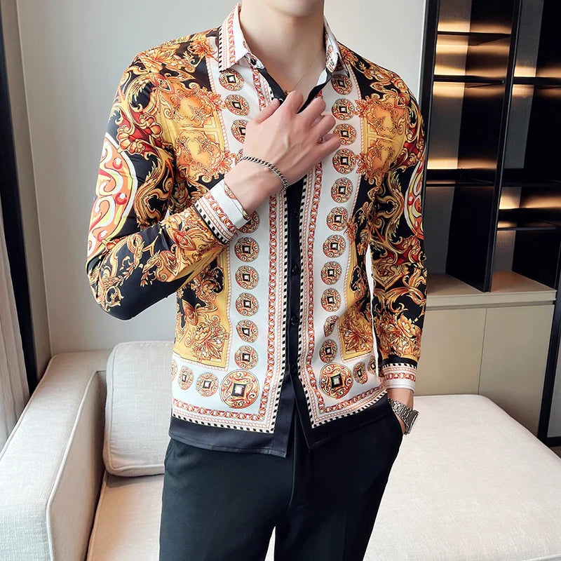 saferido Luxury Paisley Gold Printed Shirt Men's Royal Club Clothing Korean Men's Long Sleeve Slim Long Sleeve Shirt Tuxedo Shirt