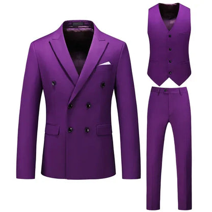 saferido (Jackets+Vest+Pants) Double Breasted Tuxedo Suit Men Business Work Wedding Formal Sets Solid Blazers Slim Korean Clothing S-6XL