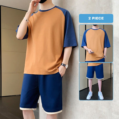 Korean Fashion 2 Piece Set Men Summer Clothes Patchwork Tracksuits Men Sports Wear Streetwear Outfits Men Clothing Pure Cotton