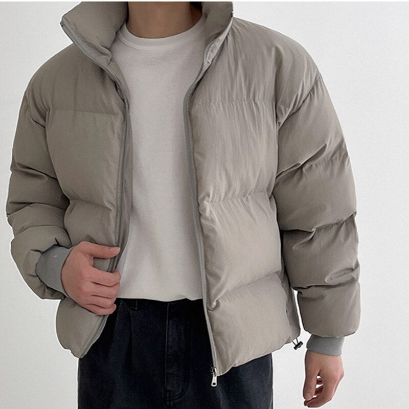 Men's Cotton Coat Winter Korean Fashion Loose Plush Thick Parka Coat Warm Zipper Solid Color Male Jacket