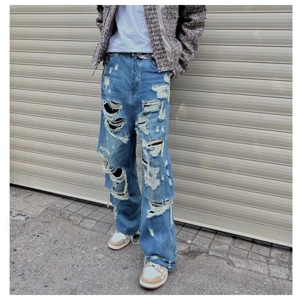 saferido American Style Streetwear Washed Torn Jeans For Men And Women's Street Hip-Hop Loose Wide Leg Straight Leg Pants Fashion Style