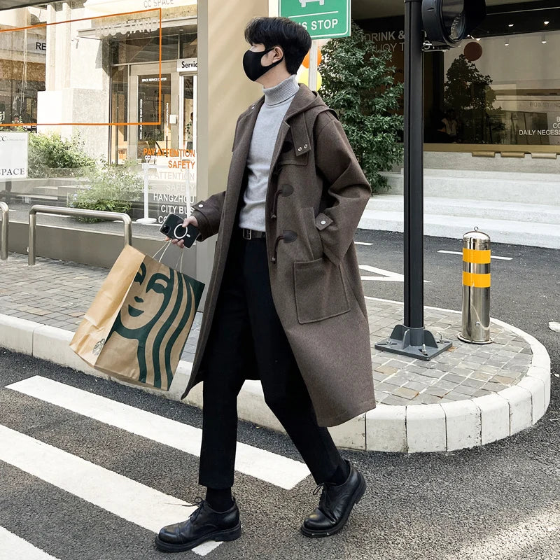 saferido Korean-style Woolen Trench Men Horn Button Casual Long Windbreaker Winter Hooded Jacket Coats Fashion Trenchcoat