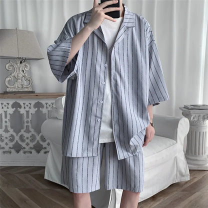 Summer Men Shorts Set Matching Shirts Letter Striped Floral Printing Outfits Short Sleeve Elastic Waist Thin Oversize Suit Man