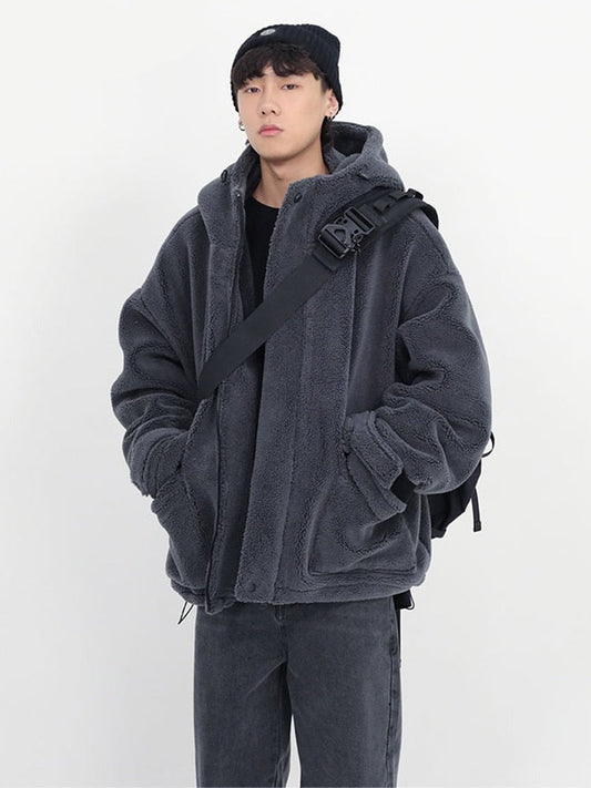 Winter Thick Warm Oversized Dark Grey Sherpa Jacket Men with Hood Zip Up Fluffy Loose Casual Faux Lamb Fur Coat