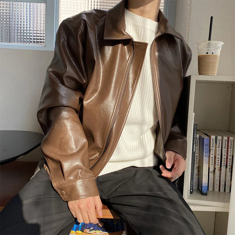 saferido Korean Streetwear Autumn Winter Men's Clothing Oversize Coat Loose Casual PU Leather Jacket Coat Male Zipper Lapel Clothes