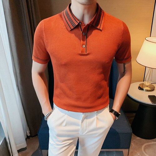 Summer Fashion Men Casual Thin Turn-down Collar Tops Male Short-sleeved Polo Shirt Men Solid Color Knitted Casual Tees S-4XL