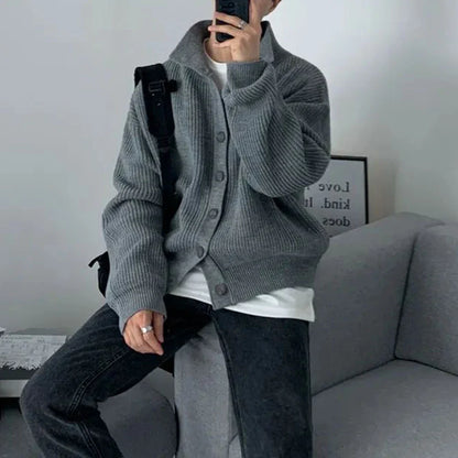 saferido Mens Solid Color Stand Collar Cardigan Sweater Autumn Winter Genderless Korean Loose Trendy Retro Button Sweater Jacket Unisex