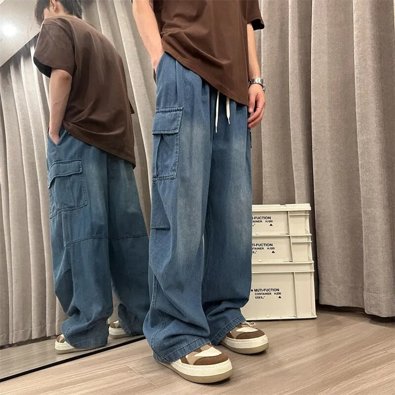 Men Jeans Loose Straight Wide Leg Denim Pants Men's Hip Hop Streetwear Skateboard Neutral denim Trousers Mopping Cargo jeans